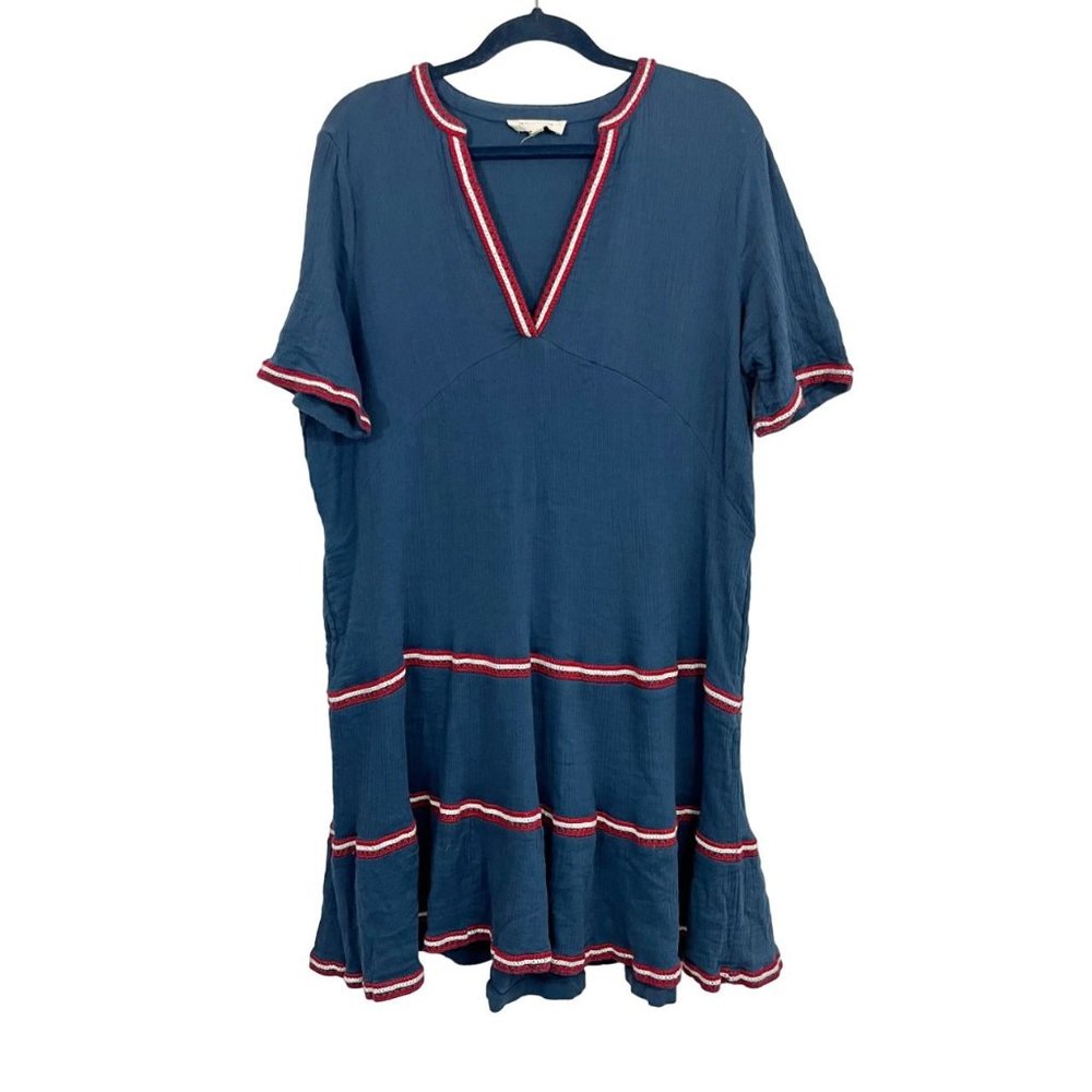Navy V-Neck Short Sleeve Tiered Mini Dress with Red Trim